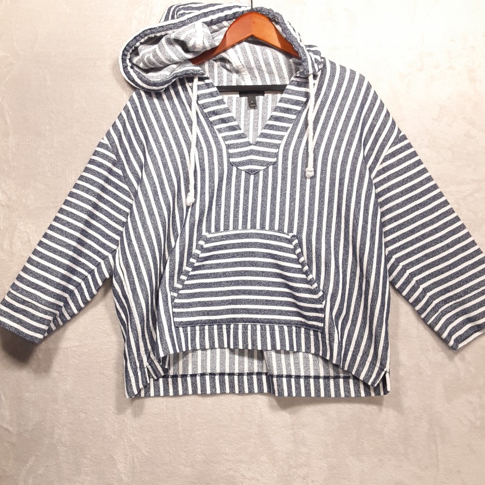 J.Crew Womans Baja Beach Hoodie Sz.XL/White-Blue Striped/Pullover/Poncho Pockets